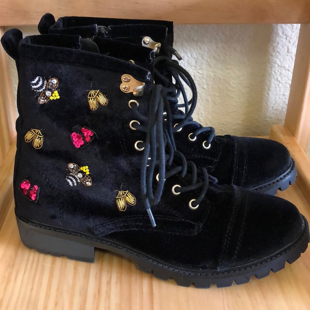 Betsey Johnson Bugsy Combat Boots Black Velvet